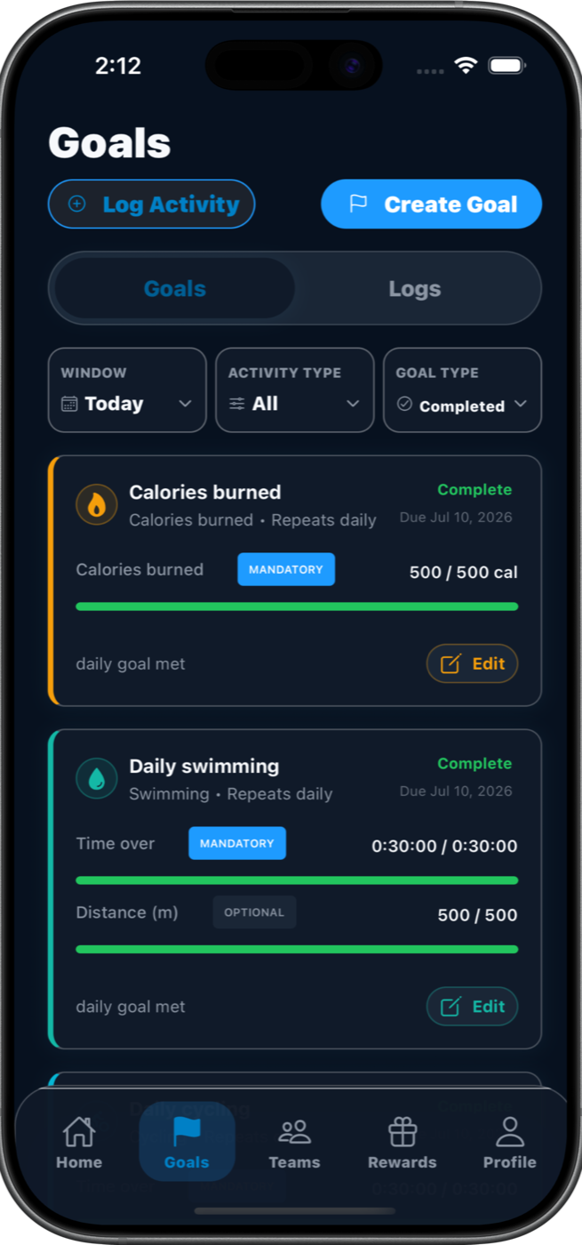 True Streaks Goals screen showing completed calories and swimming goals